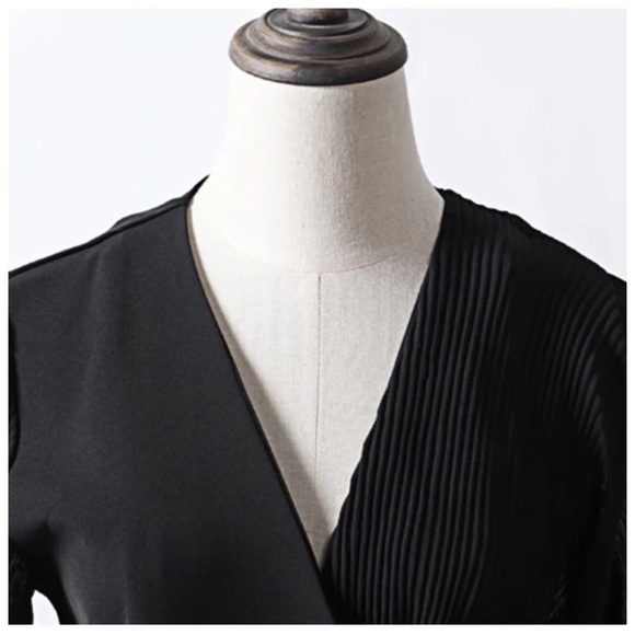Black & White Pleated Asymmetrical Wrap Top - Picture 6 of 8